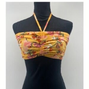 Roxy Island Hops Floral Halter Bandeau Top Yellow Pink Large NWT $40